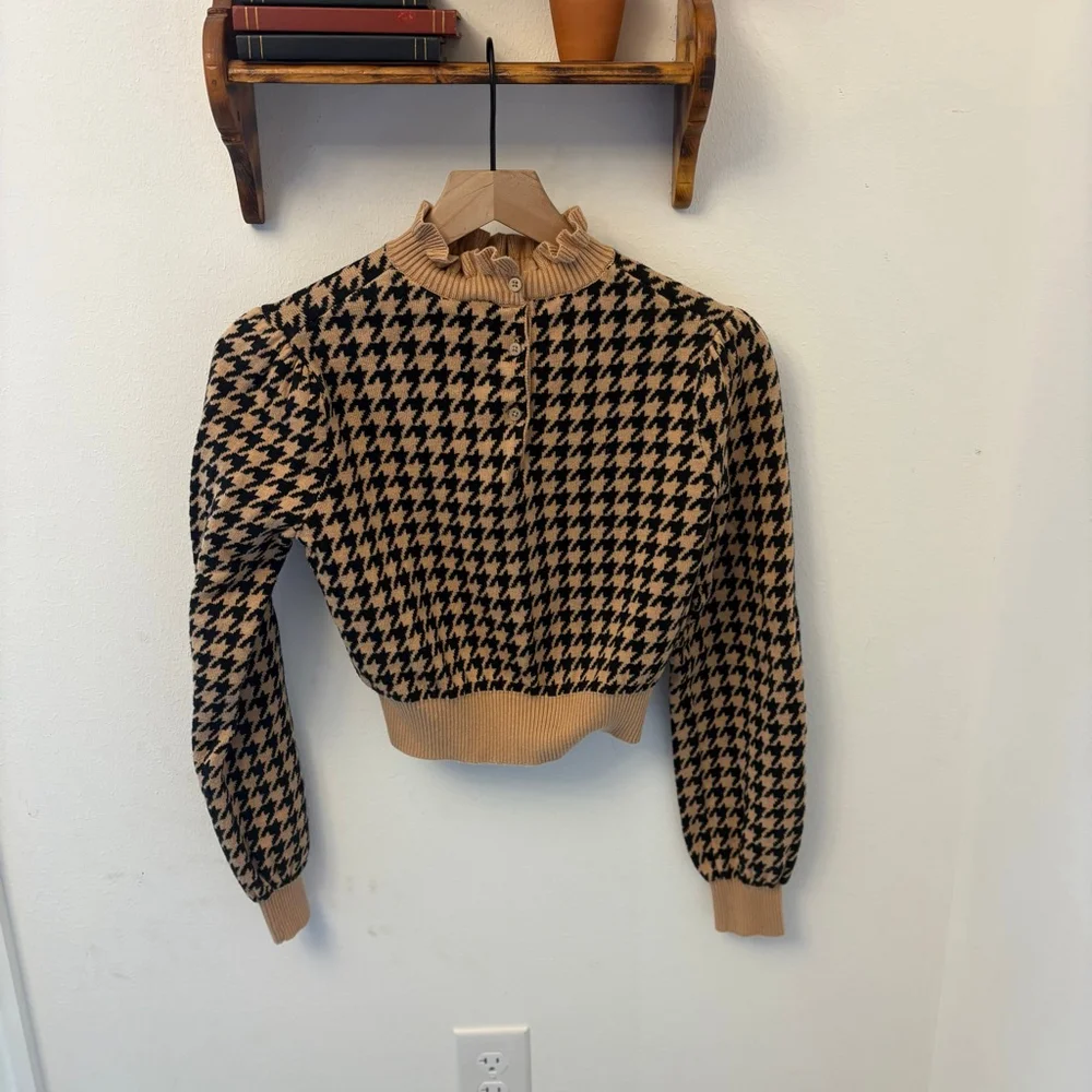 Janie and Jack Houndstooth Crop Sweater Girls 16 | Brown Black | Ruffle Collar
